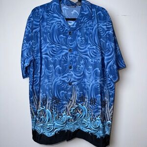 ODO Mens Blue Wave Print Short Sleeve Button Down Shirt Kanji Embroidery Large